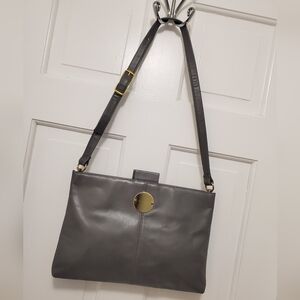Vintage Ruth E. Saltz Gray Leather Purse Shoulder Bag with Cougar Pull Open